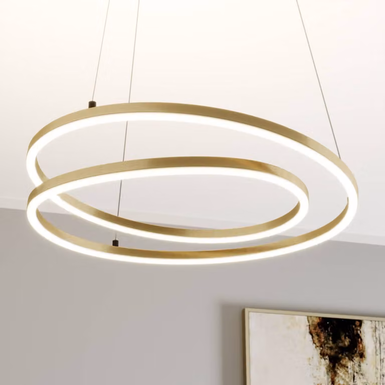 Lampada LED a sospensione Davian di Lindby, color ottone, 49 cm, dimmerabile, Ottone / Oro, Soggiorno / Sala da pranzo, Alluminio, Moderno