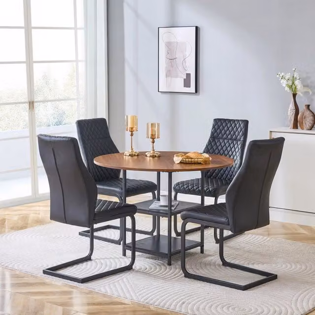 Tavolo da pranzo rotondo con 2 ripiani e 4 sedie, stile industriale, per sala da pranzo, in MDF e metallo, nero