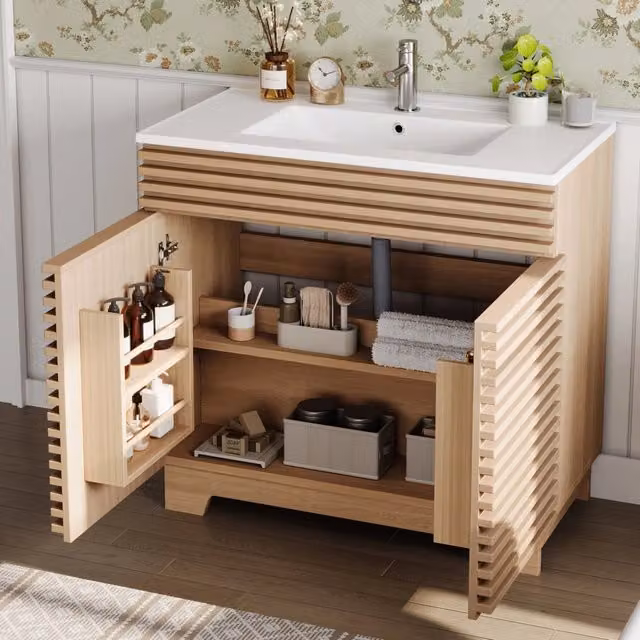 Mobile lavabo da bagno 91x46x80 cm con doppia anta soft-close, ripiani integrati e vasca in ceramica, colore naturale