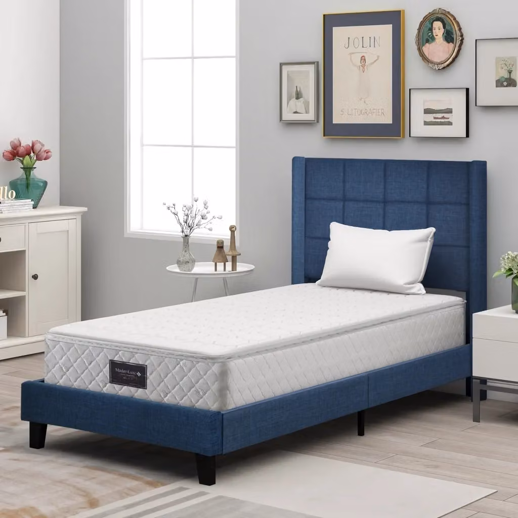 Letto singolo imbottito in lino blu con testiera e base a listelli e materasso a molle Cipacho L/P/H: 90 x 200 x 120 cm – 2
