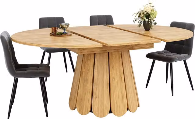 Tavolo da pranzo rotondo allungabile da 118 a 158 cm in MDF effetto legno con base a petali fino a 6 posti