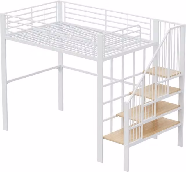 Letto a soppalco 140 x 200 cm in metallo con ampia zona portaoggetti e scala integrata, adatto a bambini e adulti