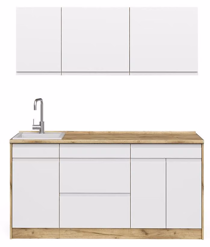 Cucina completa Vicco R-Line Bianco/Rovere dorato 160 cm piano di lavoro Platino, Model 70563