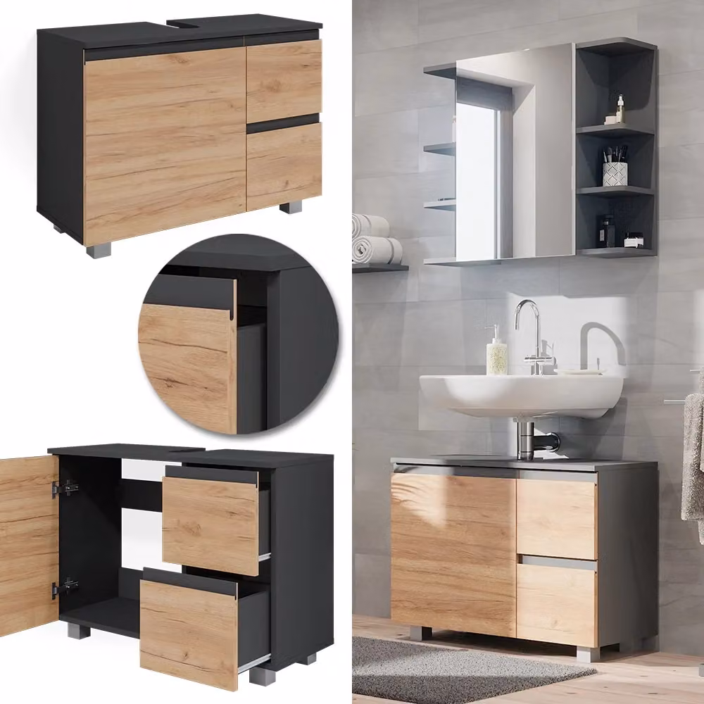 Mobile sottolavabo per bagno Vicco J-Shape moderno, Antracite e Rovere, L: 80 cm, P: 60.8 cm – 2