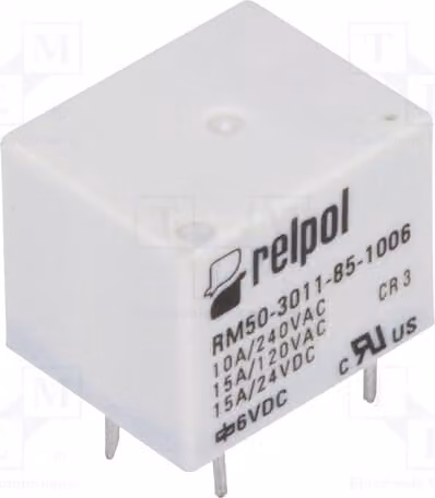 1 relè: bobina elettromagnetica, 6 VDC, 10 A, max. 277 VAC, modello RM50-3011-85-1006, componente elettrica