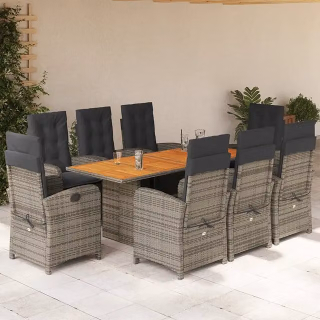 Set da pranzo da giardino vidaXL in polyrattan e legno di acacia con 9 pezzi, colore grigio e marrone