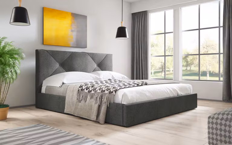 Letto imbottito Sofello, rete a doghe in legno, 160 cm, grigio scuro, tessuto moderno intrecciato con vano contenitore, rete a doghe in legno con funzione di sollevamento, design trapuntato