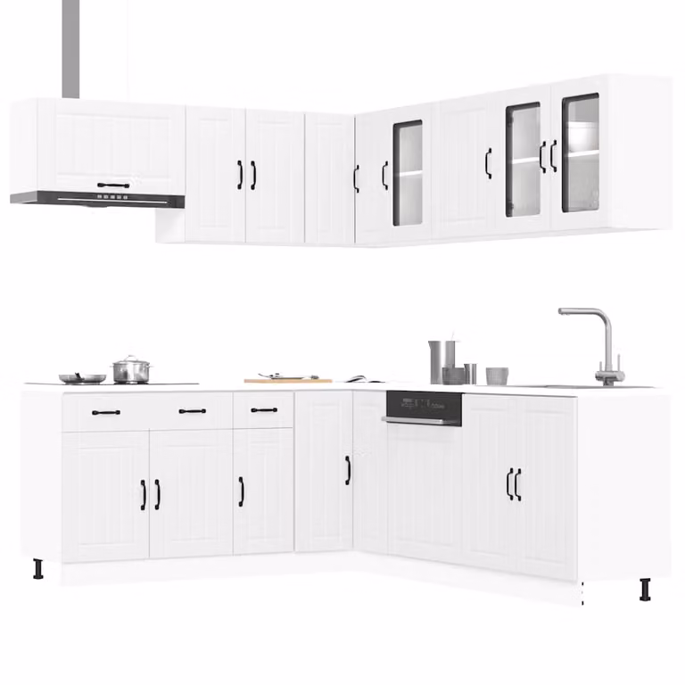 Set di mobili da cucina moderno vidaXL Lucca composto da 11 pezzi in legno e vetro, colore bianco opaco