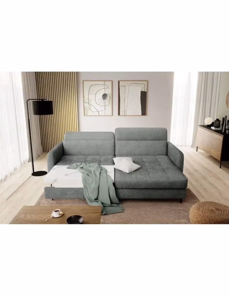 Divano ad angolo GOUMSI MEUBLORAMA colore verde con pouf coordinato, funzione letto e poggiatesta regolabile