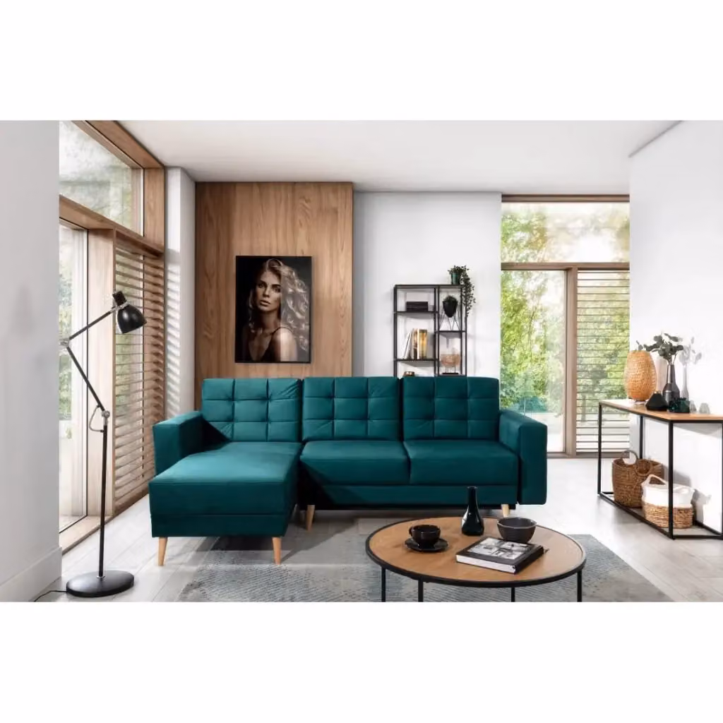 Divano letto angolare reversibile MEUBLORAMA verde in tessuto con stile scandinavo e funzione letto L/P/H: 248 x 162 x 93 cm – 2