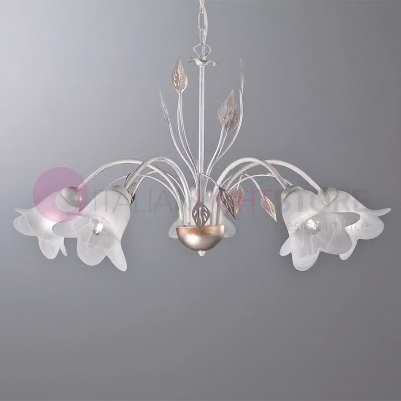 Lampadario a sospensione in metallo e vetro con 5 luci, stile classico, disponibile in bianco, oro/ottone o argento – 2