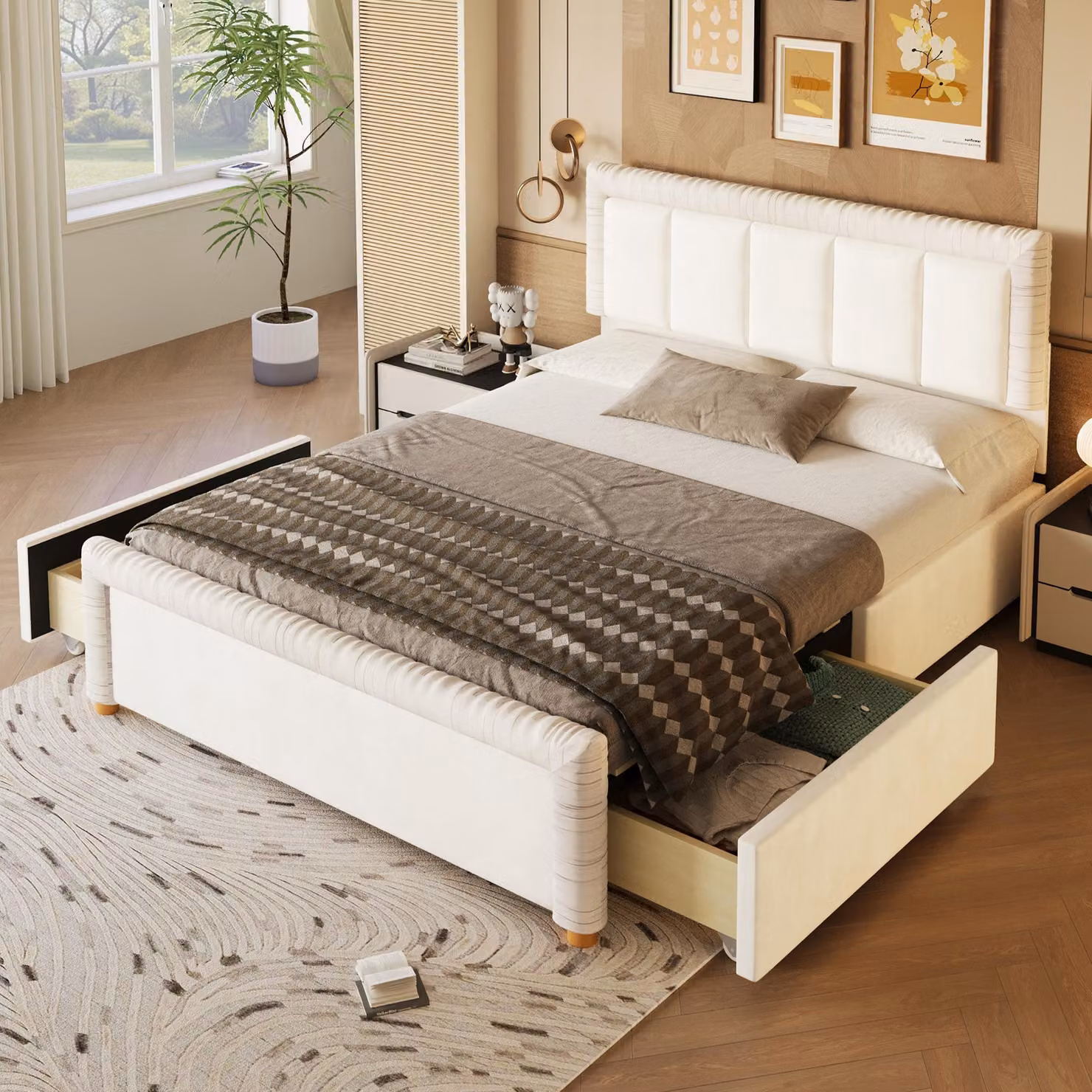 Letto imbottito MODFU 140x200, in velluto, matrimoniale con testiera imbottita, struttura letto per ragazzi con 2 cassetti e piedi in legno, letto contenitore, senza materasso, color beige