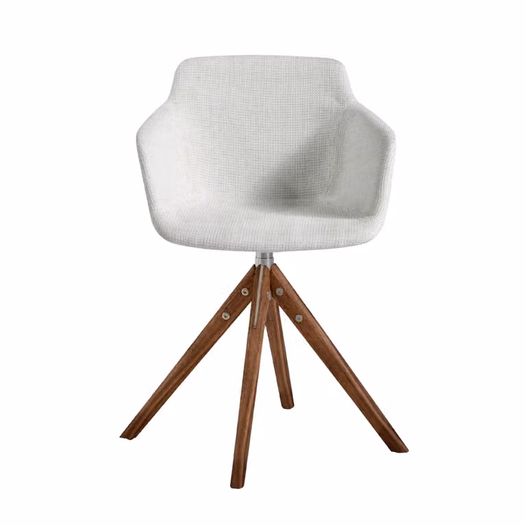 Sedia girevole moderna Angel Cerdá in tessuto beige con struttura in legno e braccioli