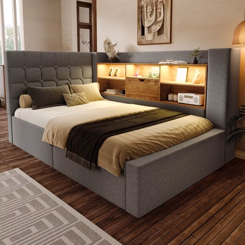 Letto singolo contenitore moderno con illuminazione LED, porta USB e testiera con mensola, rivestimento in lino grigio e finiture noce, L/P/H: 90 x 200 x 108 cm – 2
