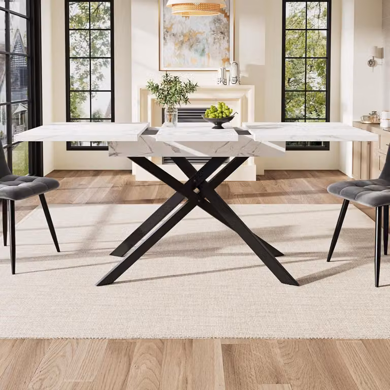Tavolo allungabile bianco, dimensioni 120-160 cm x 80 cm, piano in MDF e gambe in ferro