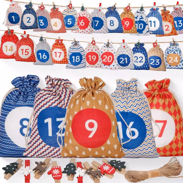 Calendario dell'Avvento da riempire - 24 sacchetti per il calendario dell'Avvento - Tessuto - Grande e riutilizzabile - Calendario di Natale fai-da-te da riempire