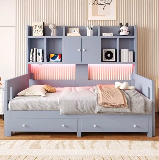 Divano letto estraibile 90x190 cm con cassetti e LED in legno grigio