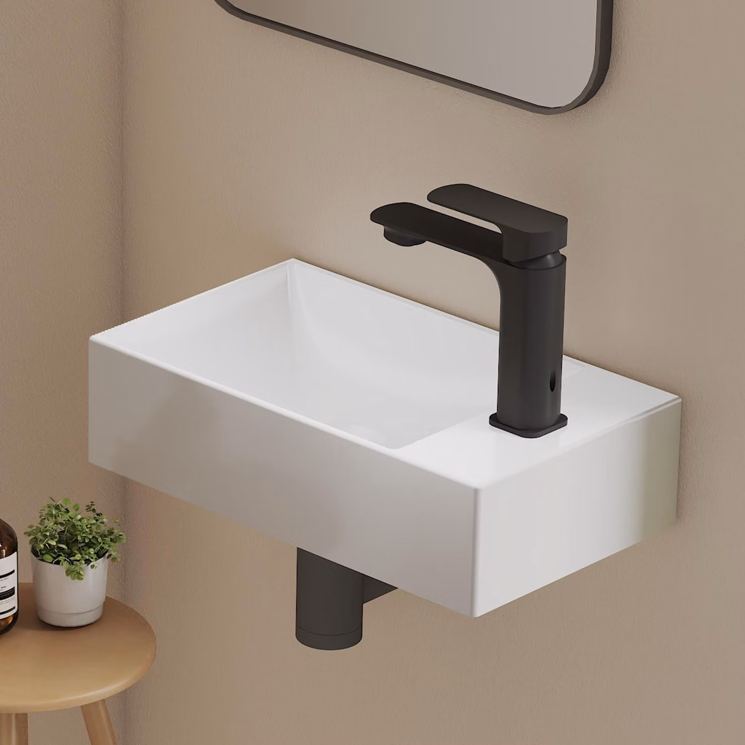 EMKE Lavabo sospeso in ceramica Rettangolare 380x220mm Bianco Lucido Lavabo salvaspazio per WC ospiti e piccoli bagni