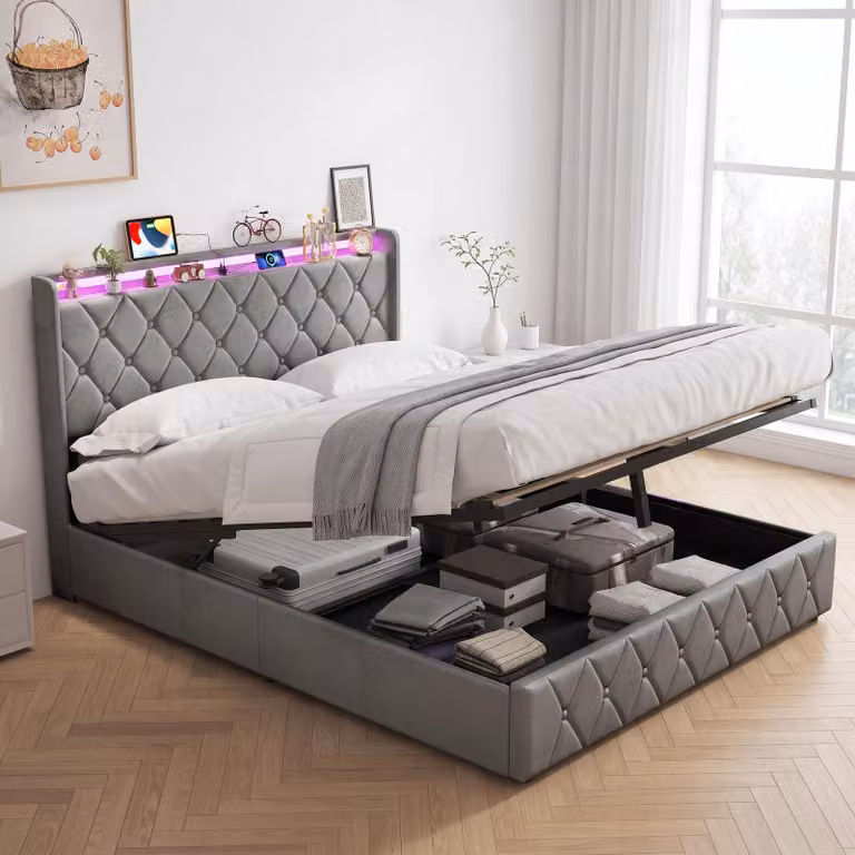 Letto matrimoniale con boxspring INONEFT, dimensioni 140x200 cm, con illuminazione LED e caricabatterie USB, letto per giovani, con rete a molle e spazio contenitore ad apertura idraulica, rivestito in velluto, colore grigio