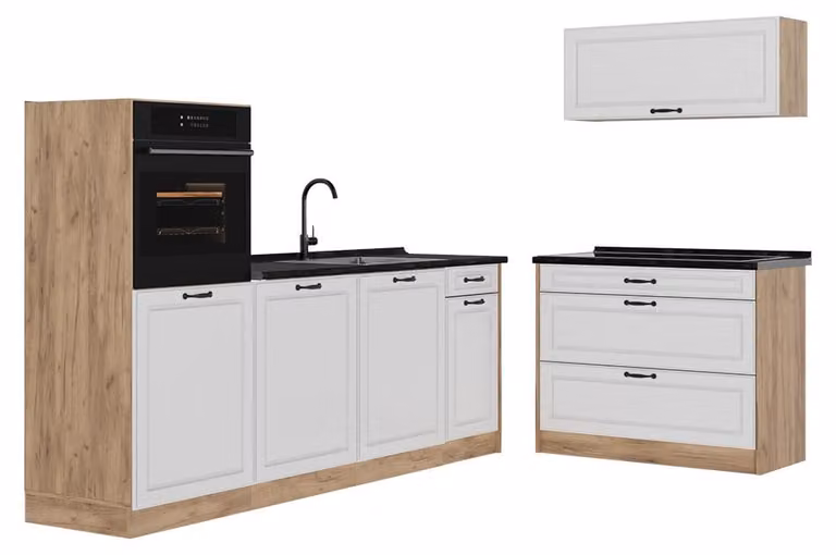 Cucina componibile Vicco R-Line Bianco country/Rovere dorato 220 cm piano di lavoro Antracite, Model 68130