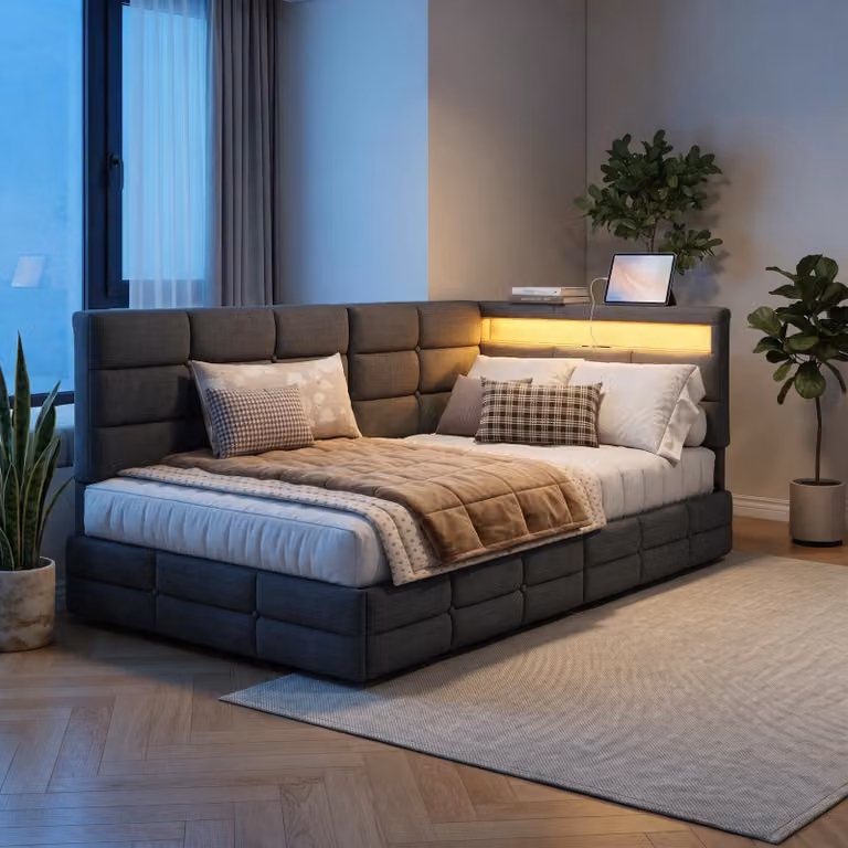 INONEFT Divano letto imbottito 90x200 cm con LED e USB, divano letto con 2 cassetti, struttura letto con rete a doghe/vano portaoggetti, tessuto in lino grigio, materasso non incluso