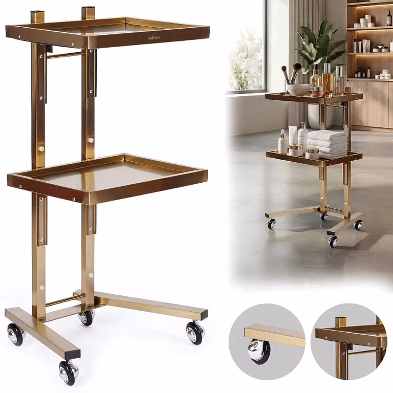 Assistente cosmetico parrucchiere per salone, carrello universale con ruote e due ripiani regolabili.