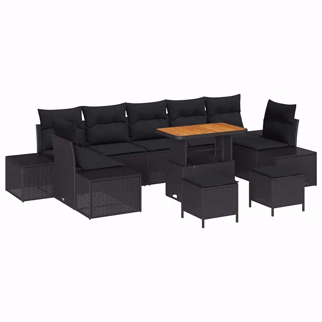 Set Divano da Giardino vidaXL 10 Pezzi in Polyrattan Nero con Cuscini e Tavolino da Esterno – 2