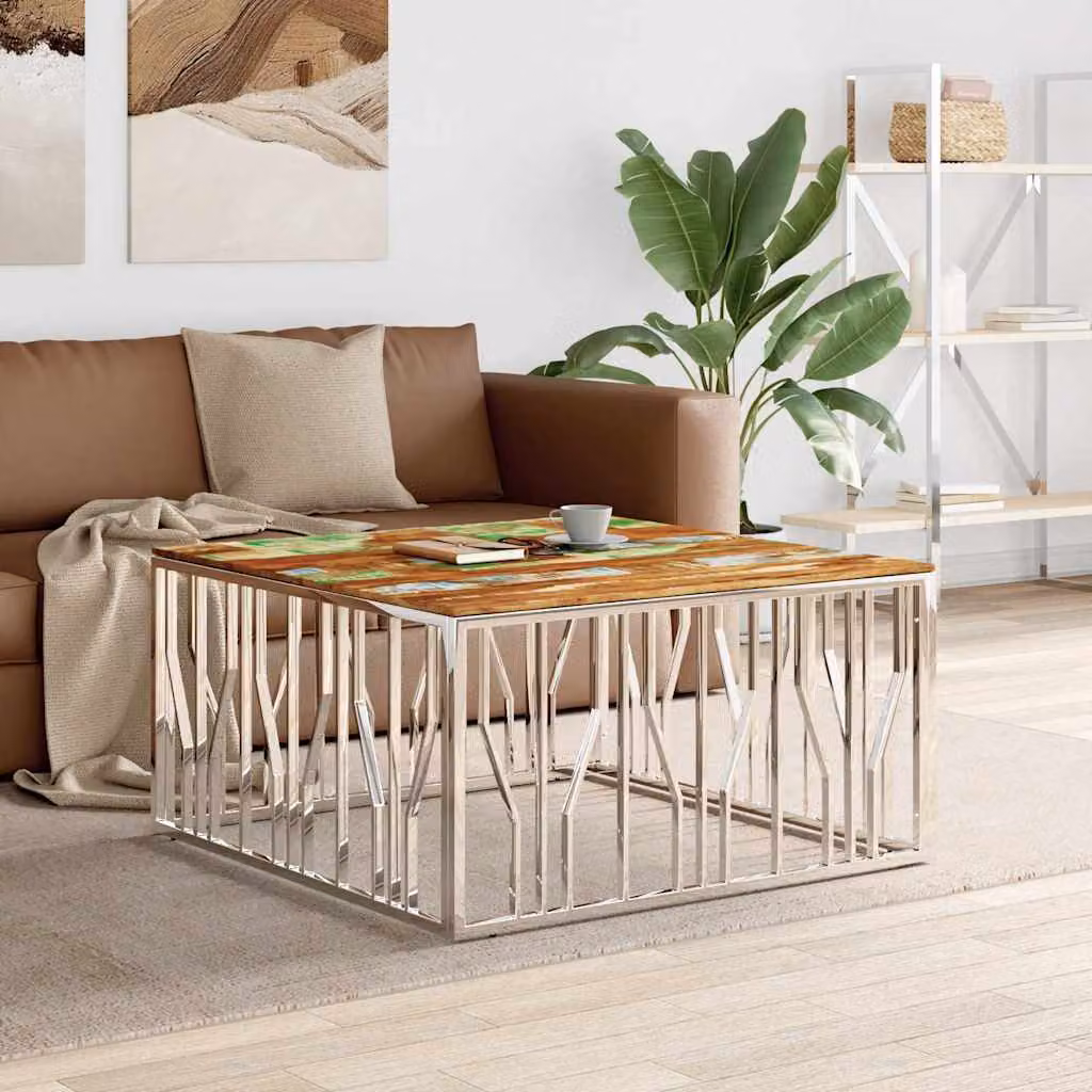 vidaXL Tavolino da Salotto Moderno in Acciaio Inox Argento e Legno Multicolore