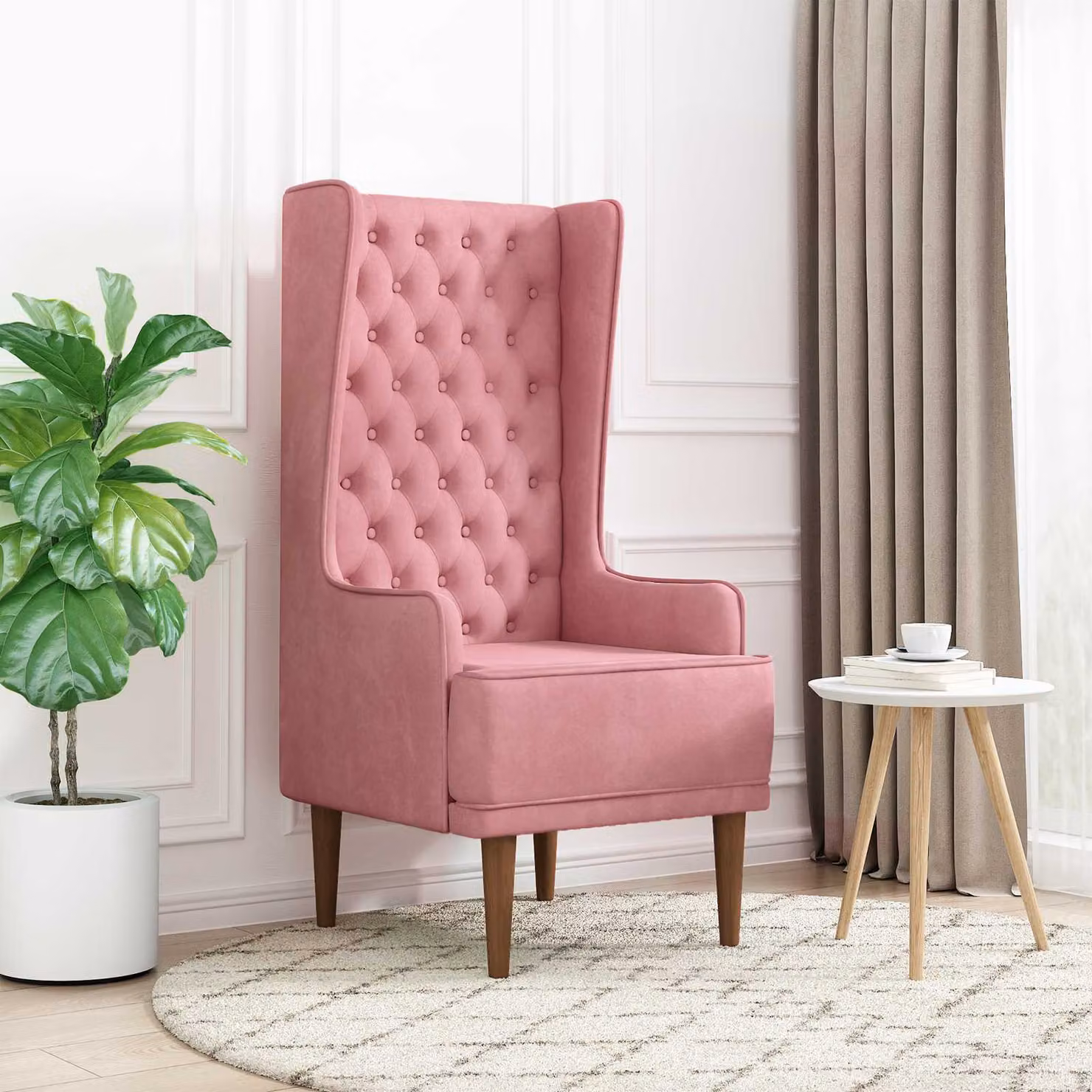 Sedia con schienale alto trapuntata a bottoni stile Chesterfield vidaXL in velluto rosa con struttura in legno