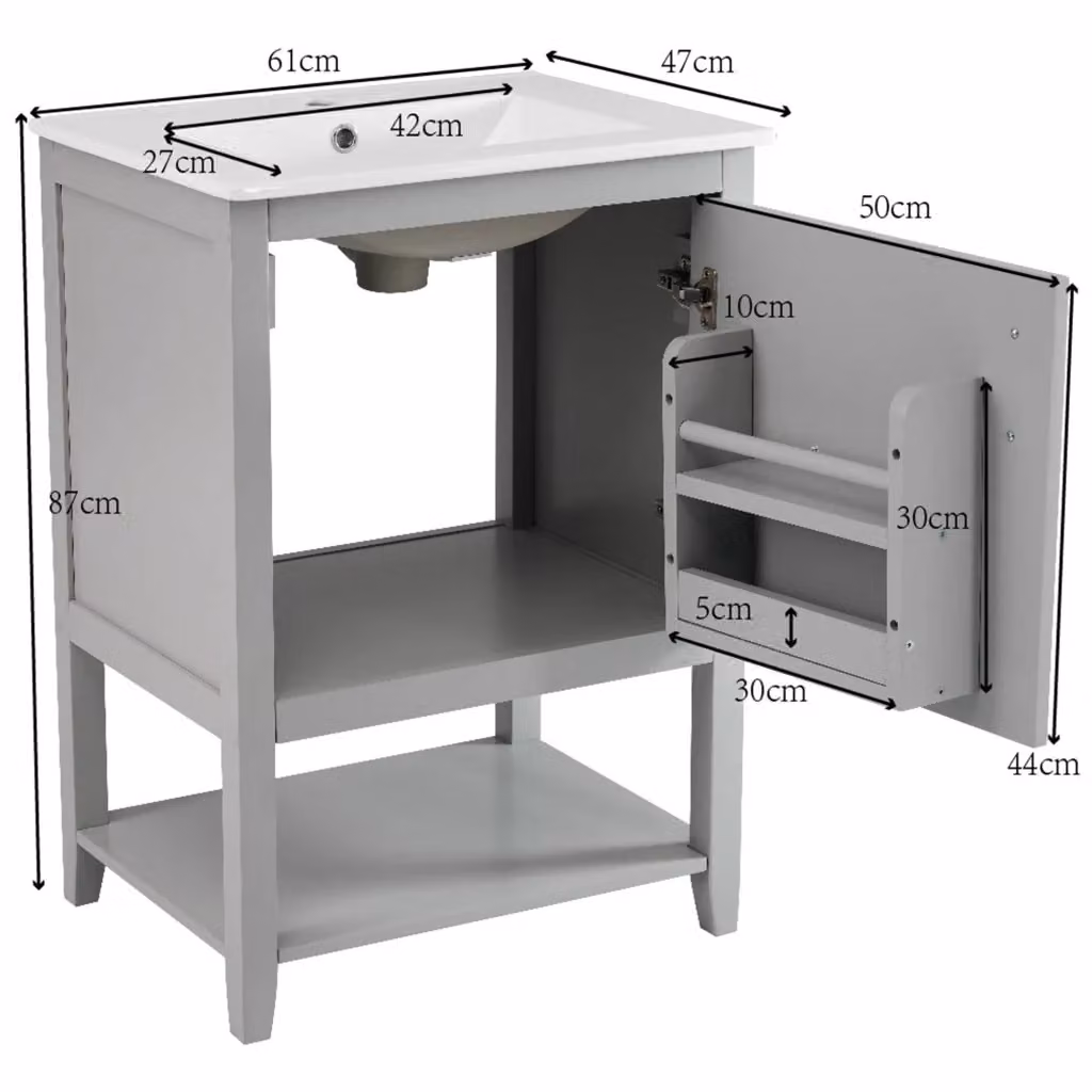 Mobile da bagno REDOM moderno grigio con lavabo in ceramica e ripiani interni – 2