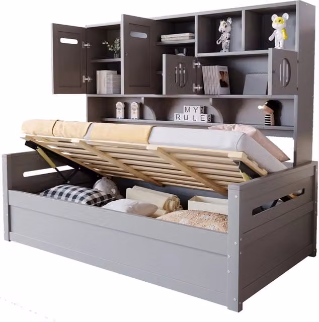 Letto singolo 90x200 cm con vano idraulico; ripiani e armadietti in pino; grigio