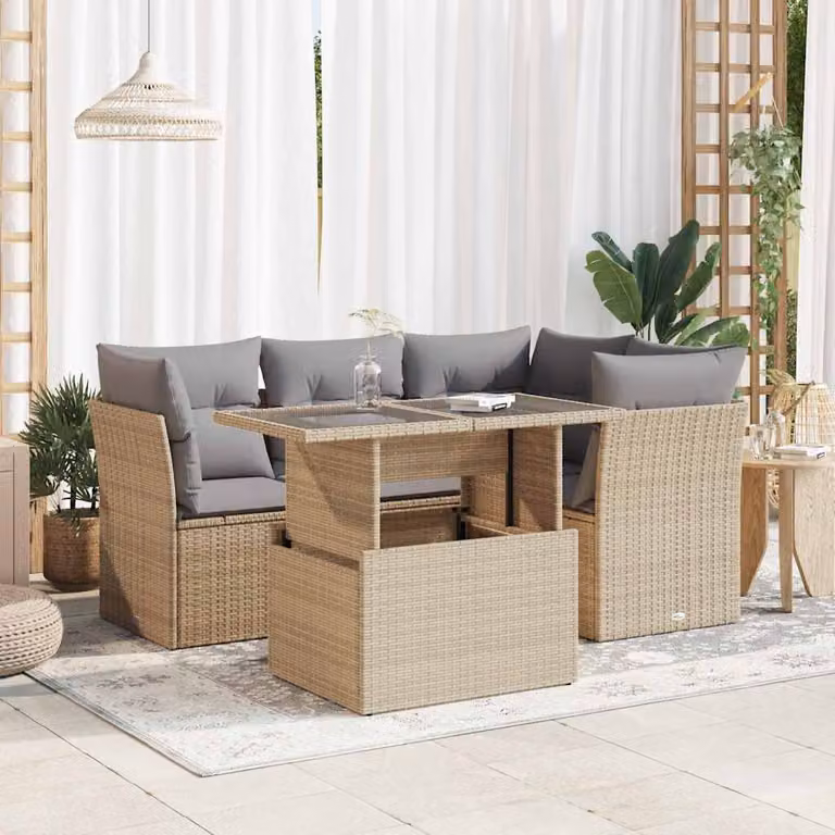 Set Divano da Giardino a L vidaXL con Tavolino e Cuscini Beige e Grigio in Polyrattan e Metallo