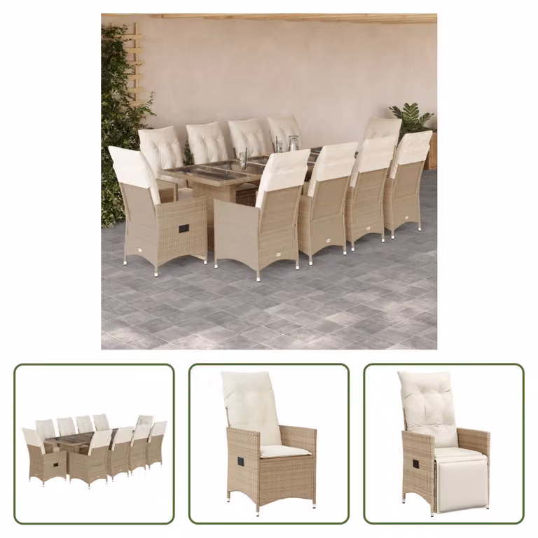The Living Store Set bistrot da giardino 11 pezzi con cuscini Beige in poly rattan