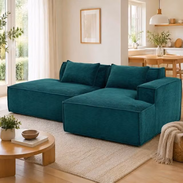Divano angolare compatto 233x129x70 cm verde retrò, 2 cuscini, poliestere