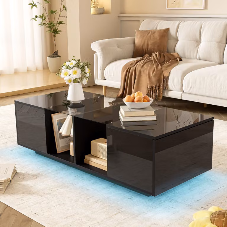 STILVORA Tavolino da salotto Tavolino rettangolare con 2 ante e ripiano in vetro, piano lucido, tavolino con illuminazione a LED, nero
