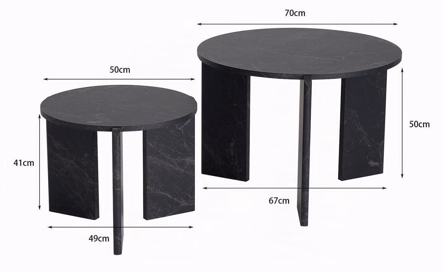 Set di tavolini da divano, 2 pezzi, effetto marmo nero, design a tre gambe, diametro 70/50 cm