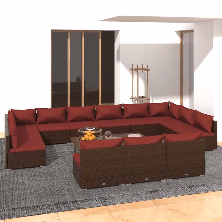 Set di divani da giardino vidaXL 13 pz a forma di U in rattan marrone con cuscini rimovibili e struttura in metallo