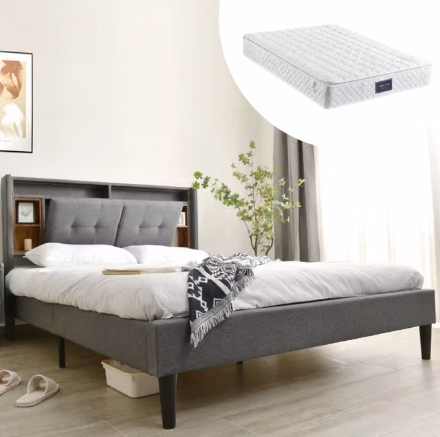 Letto imbottito con testiera contenitore; USB; prese e LED; 140x200 cm; grigio