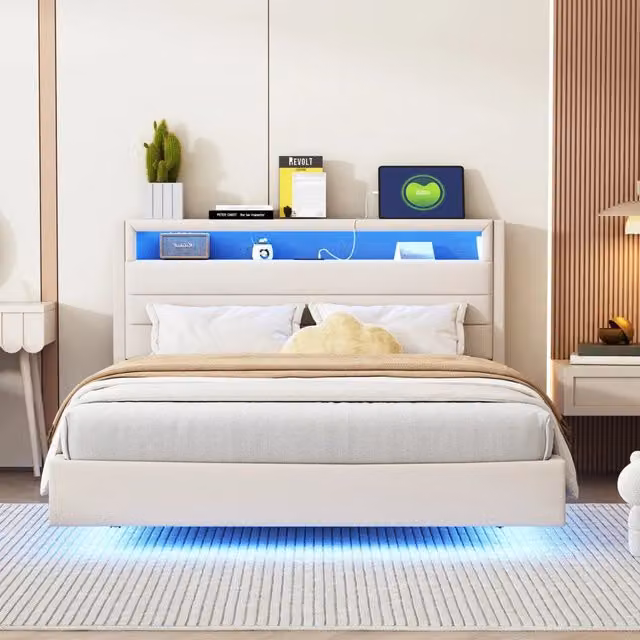 Letto imbottito Mivray beige con testiera girevole, vano contenitore, porta USB e illuminazione LED multicolore L/P/H: 140 x 200 cm