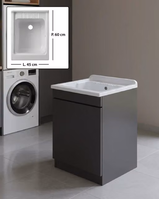 Mobile Lavatoio in legno Nobilitato Grigio con uno sportello e pilozzo lavabo in resina x lavanderia bagno Dimensioni (Larghezza x Profondità): L 45 x P 60 cm