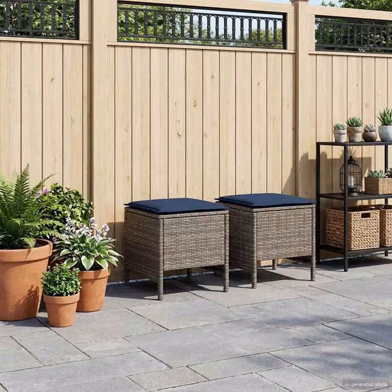 Set di 2 poggiapiedi da giardino vidaXL in rattan sintetico con cuscini rimovibili, colori grigio e blu navy