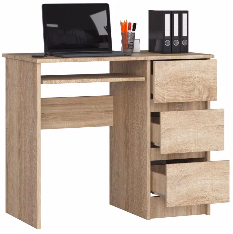 Scrivania da 90 cm con 3 cassetti e ripiano estraibile per tastiera; scrivania per computer, scrivania da lavoro