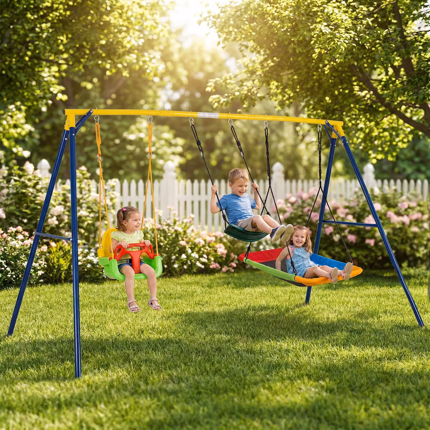 Set di 3 altalene da giardino Costway multicolore con seggiolino a nido e corde regolabili per bambini dai 3 ai 12 anni