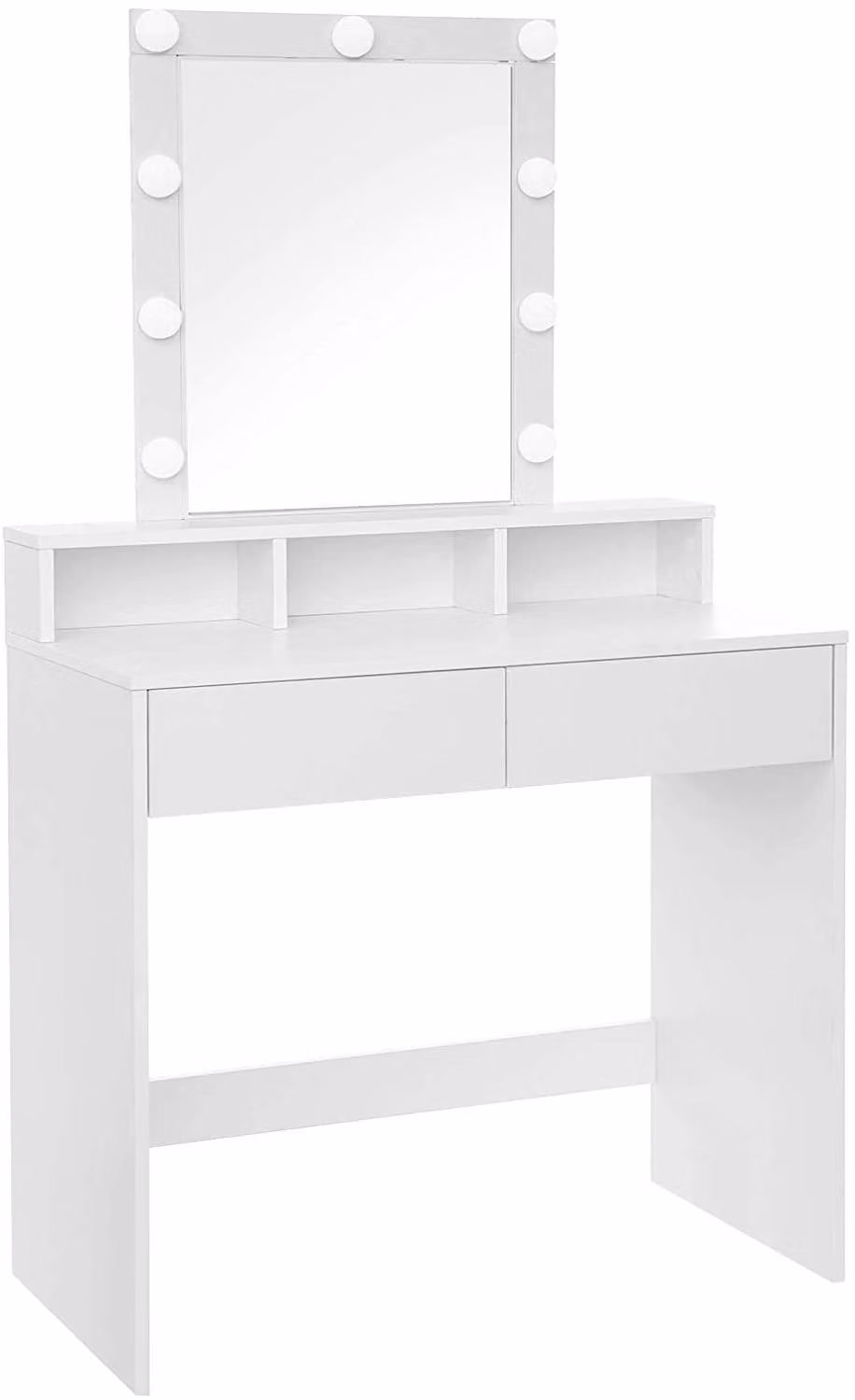 Comò da trucco con specchio e illuminazione, 2 cassetti, bianco, legno intagliato, 80 x 40 x 145 cm
