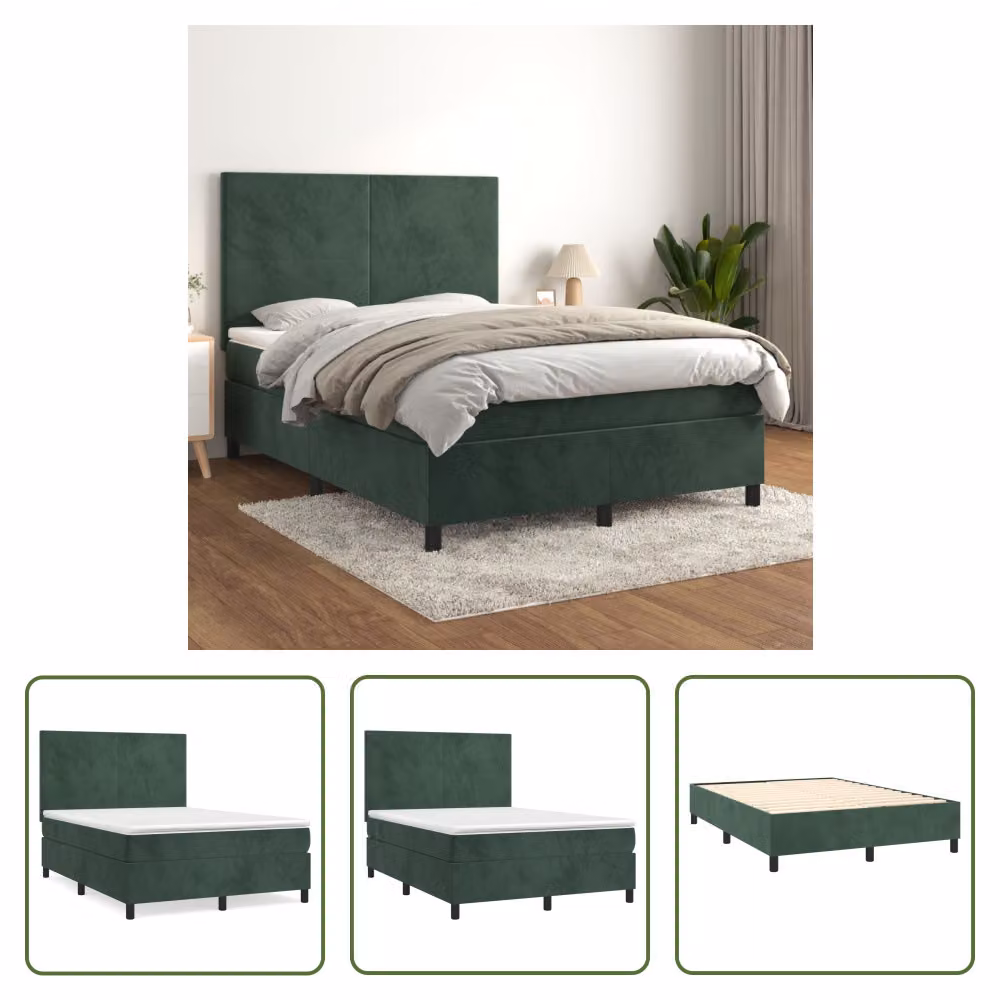 The Living Store Letto a molle con materasso verde scuro 140x200 cm in velluto