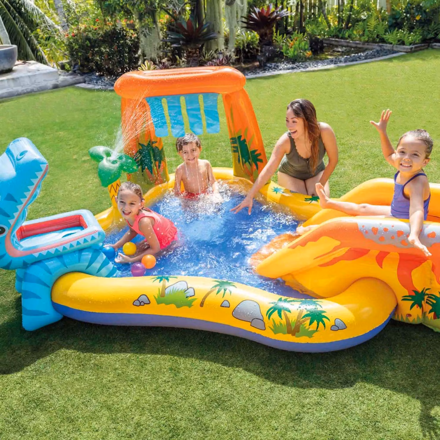 Playground Dinosauri Intex Multicolore con scivolo e spruzzo L: 249 cm, P: 191 cm, H: 109 cm – 2