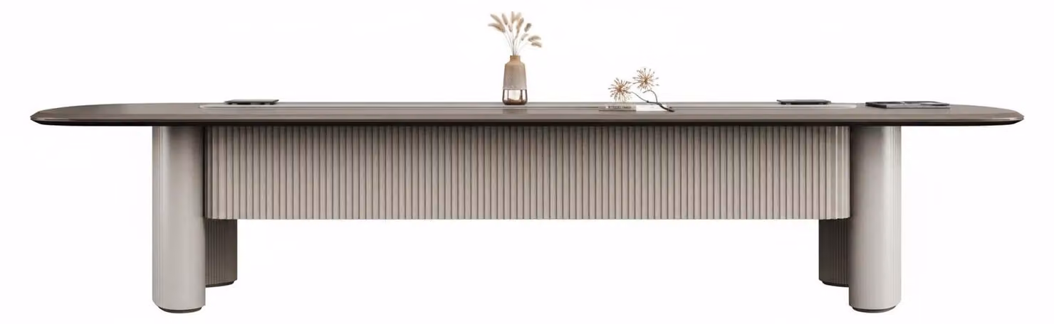 Moderno tavolo da conferenza con elegante finitura in legno e dettagli decorativi