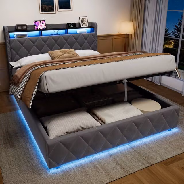 Letto imbottito 140 x 200 cm con contenitore idraulico, velluto, legno e metallo, luce LED e porte USB, grigio scuro