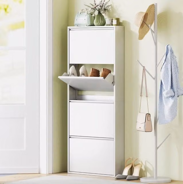 Scarpiera salvaspazio in metallo bianca con 4 ante a ribalta e sistema di ventilazione, L: 55 cm, P: 15 cm, H: 139,5 cm