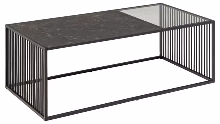 Tavolino Strington 120x60 cm in vetro fumé, decoro in marmo nero.